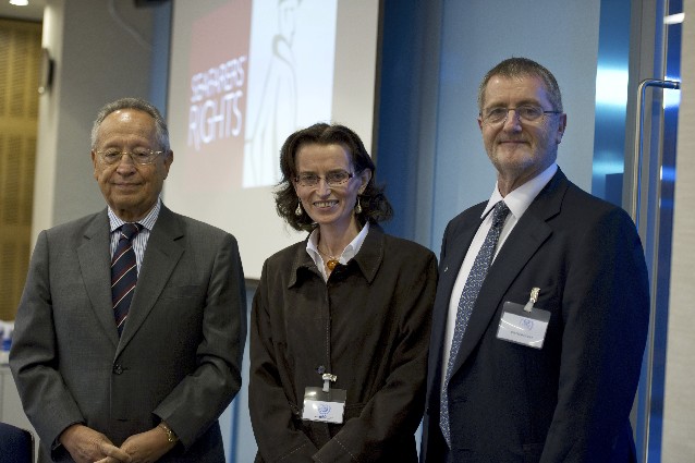 Left to right: Efthimios Mitropoulos, IMO secretary general, Deirdre Fitzpatrick, international lawyer and executive director of Seafarers' Rights International, David Cockroft, ITF general secretary 