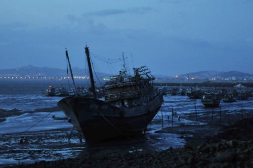 Chinese fishing boats are moored along the coast in Jinjiang