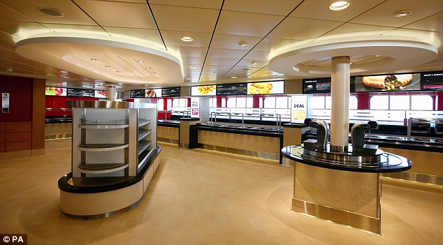 Big appetite: The canteen of the Spirit of Britain caters to the masses - the ship can hold 180 articulated lorries, which is a lot of hungry truckers