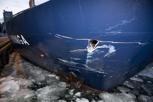 the 55 metre freighter Vinga's bow after the collision.