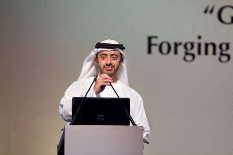Sheikh Abdullah bin Zayed, the Foreign Minister, speaks during the international anti-piracy conference in Dubai yesterday.