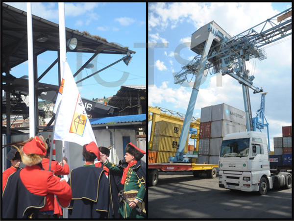 The Croatian National Guard raises the ICTSI flag in a symbolic ceremony to mark the official takeover of the Adriatic Gate Container Terminal in Rijeka, Croatia by International Container Terminal Services, Inc. The event was witnessed by officials of ICTSI and Luka Rijeka d.d. (Right photo) A yard equipment and a prime mover at AGCT 