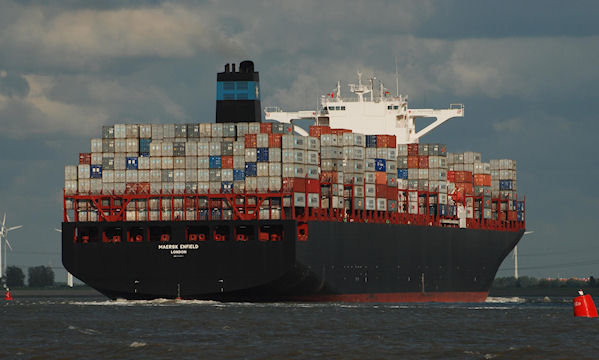 The vessel is seen here sailing upstream the river Schelde on its way to the PSA Terminal in the Deurganck dock