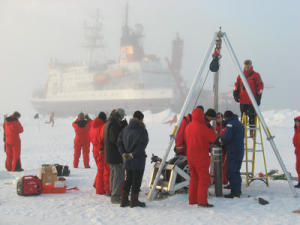 A typical ice station: Polarstern ties up at a big ice floe, which is than investigated by scientists from diverse disciplines. (Credit: Karel Bakker / Alfred Wegener Institute)