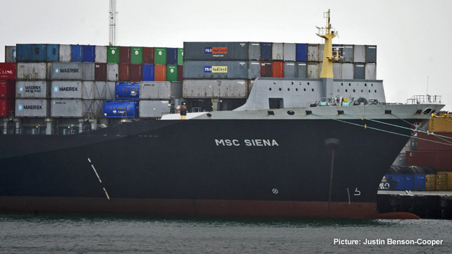 MAYDAY: MSC Sienna, which called for assistance for a man overboard this morning. Picture: Justin Benson-Cooper Source: PerthNow 