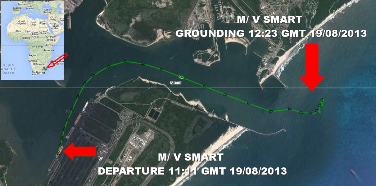 The track of M/V Smart which resulted in grounding. After 1 hour and 12 minutes after unberthing. 
