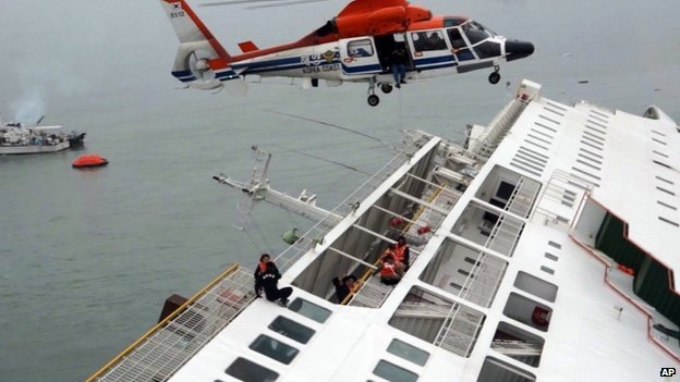 Rescued passengers are brought to land in Jindo after a South Korean ferry carrying 476 passengers and crew sank on its way to Jeju island on 16 April 2014 Teams have brought rescued passengers to shore - at least 13 are reported to be hurt