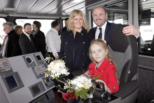 from right to left: Ryan Hopkins, Director Severn Offshore Services, Bethan Woods (his partner), in between their daughter Maggy Woods.