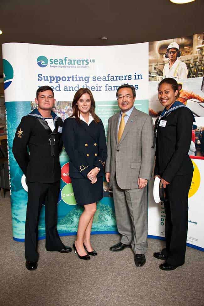 1.	At the Seafarers Awareness Week reception on 25 June, IMO Secretary-General Koji Sekimizu met three of the young people filmed by Seafarers UK embarking on their careers at sea. From left to right: Aaron Adam, Royal Navy Weapons Engineering Trainee; Georgia Atkins, Warsash Maritime Academy Cadet; Koji Sekimizu, Secretary-General, International Maritime Organization; Beatrice Ramaola, Royal Navy Engineering Trainee.