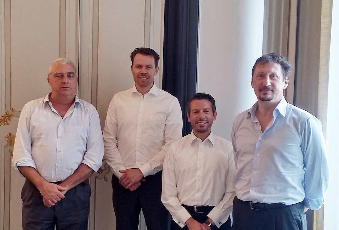 from left to right: Ing. Raffaello Corradi ( Technical Director Rimorchiatori Riuniti Group), Mr. Jan-Pierre Stevens ( Design and Proposal Engineer, Damen), Andrea Trevisan (Sales Manager, Damen), Dott. Alberto Dellepiane (Director, Rimorchiatori Riuniti S.p.A.).